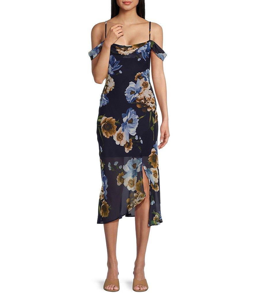 I.N. San Francisco Cowl Neck Cold Shoulder Floral Midi Slit Dress Product Image