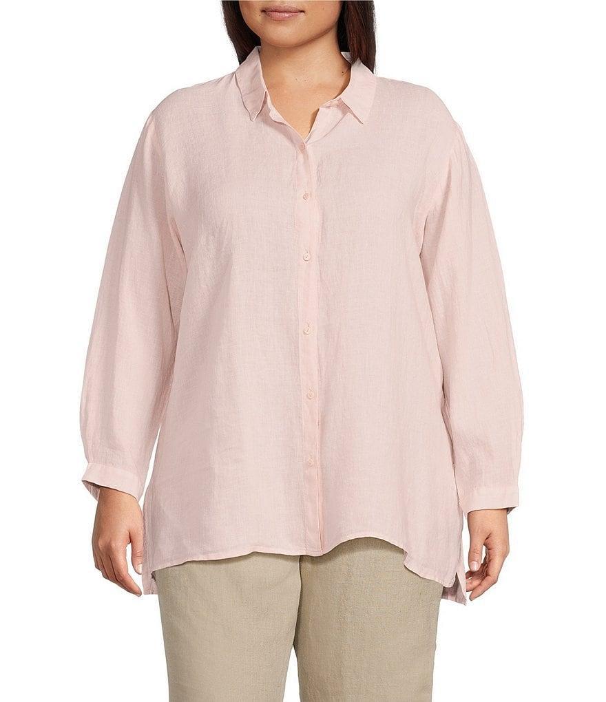 Eileen Fisher Plus Size Dyed Handkerchief Organic Linen Point Collar Long Sleeve Button-Front Shirt Product Image