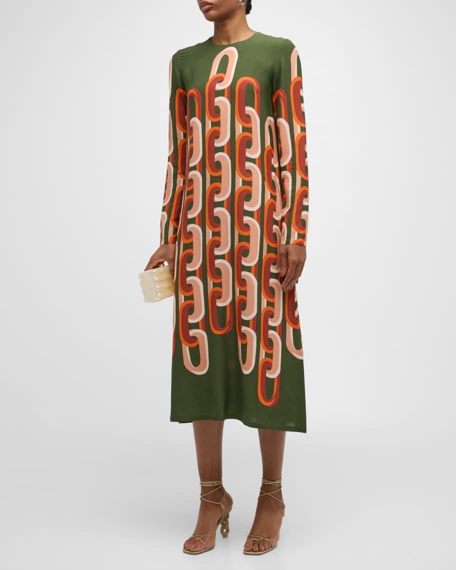 Printed Long-Sleeve Midi Swing Dress Product Image