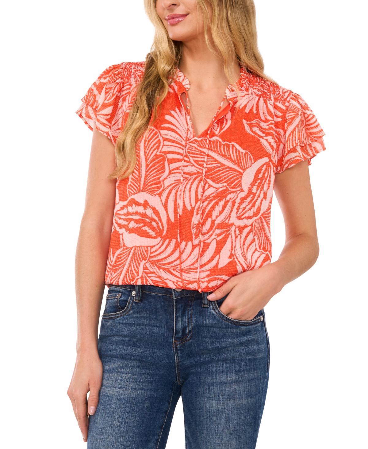 CeCe Womens Tropical-Print Tie-Neck Flutter-Sleeve Blouse Product Image