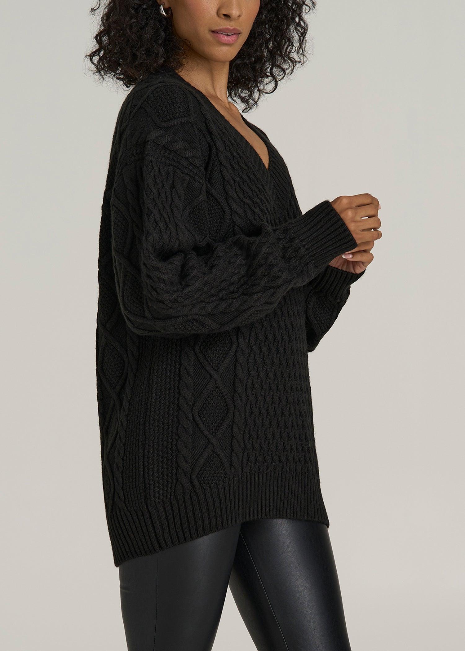 V Neck Cashmere Cable Knit Women's Tall Sweater in Black Female Product Image