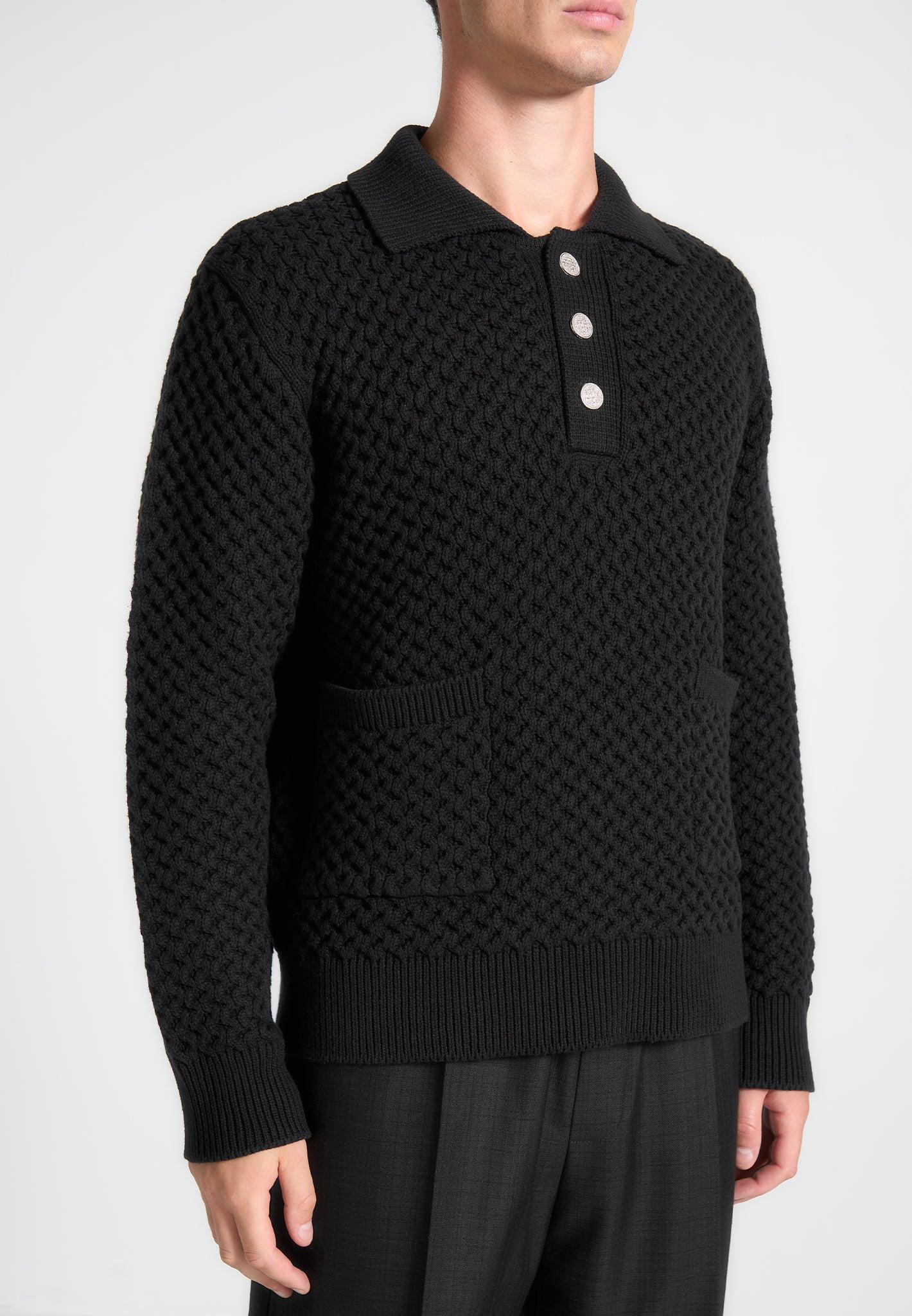 Waffle Knit Polo Jumper - Black Male Product Image