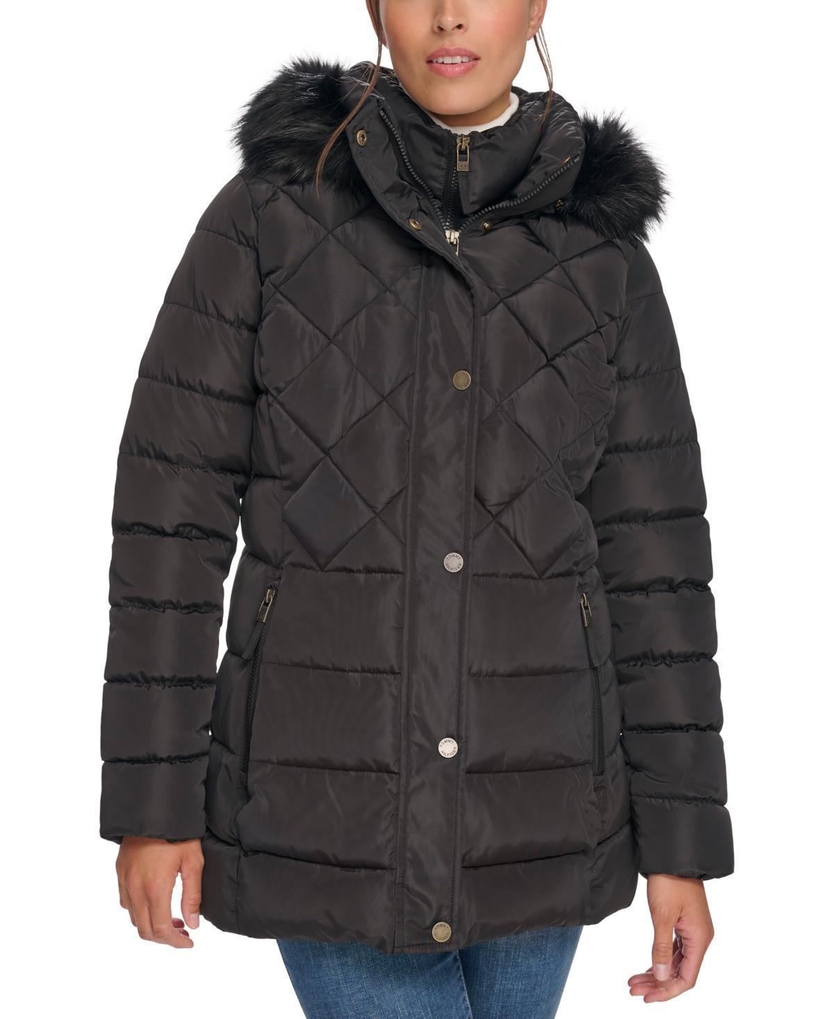 Tommy Hilfiger Womens Bibbed Faux-Fur-Trim Hooded Puffer Coat, Created for Macys Product Image