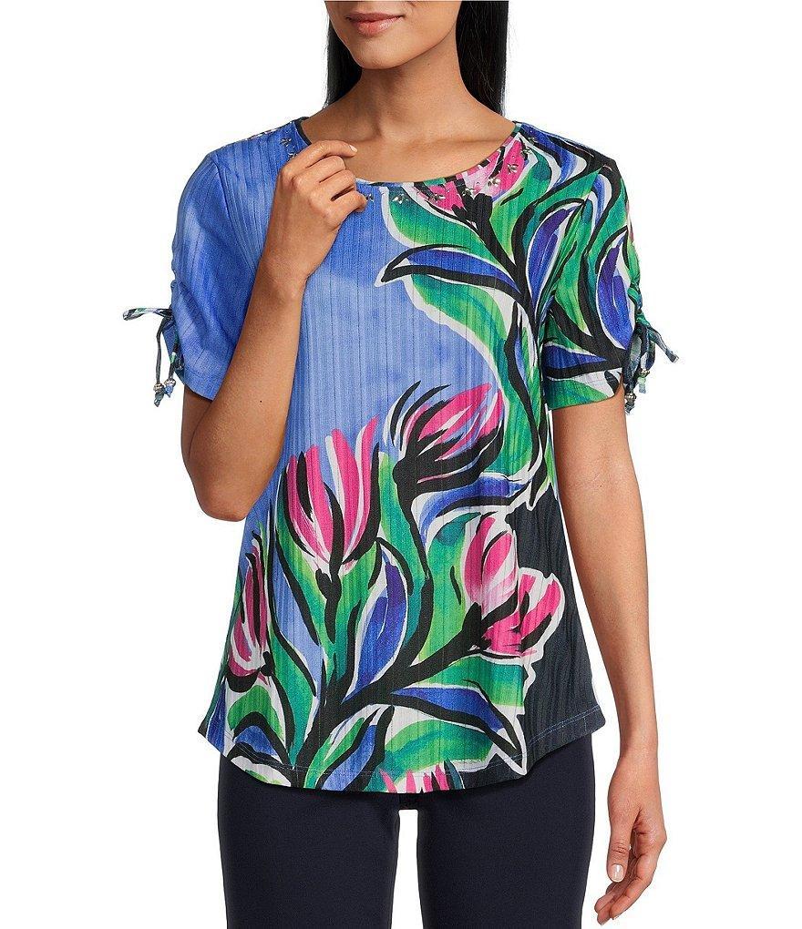 Allison Daley Painterly Floral Print Tie Ruched Short Sleeve Embellished Crew Neck Knit Top Product Image