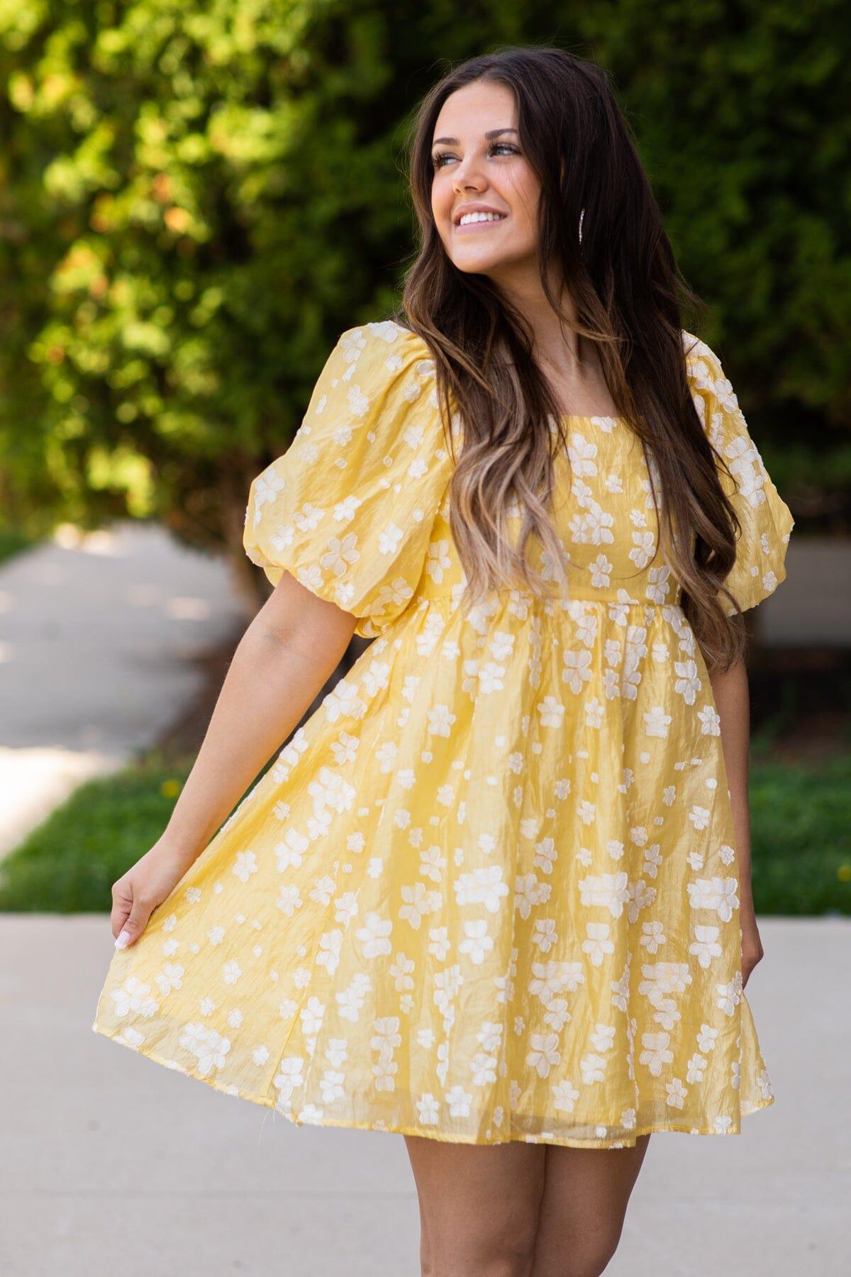 Pastel Yellow Floral Puff Sleeve Dress Product Image