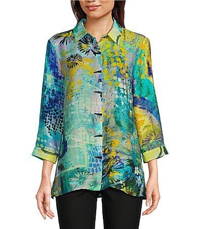 Ali Miles Woven Abstract Print Y-Neck 34 Cuffed Sleeve Button Front Tunic Product Image