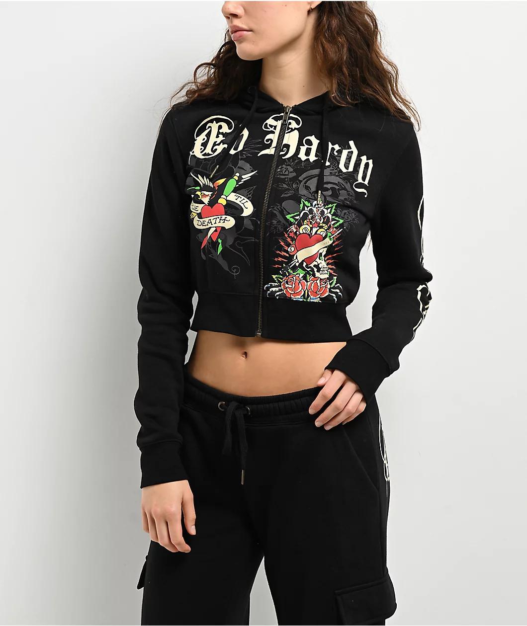 Ed Hardy Rose Skull Black Crop Zip Hoodie Product Image