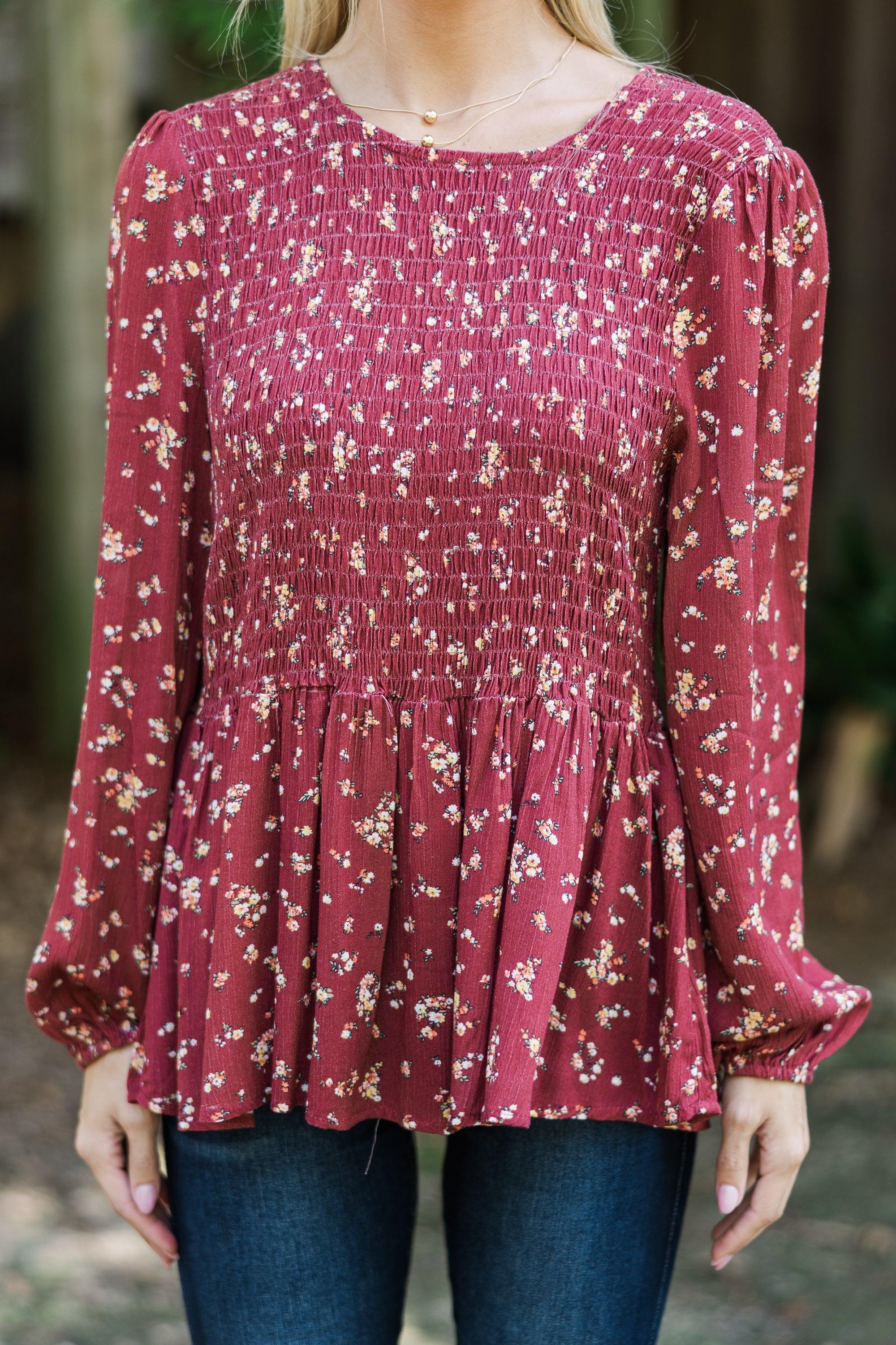 Getting Close Burgundy Red Ditsy Floral Blouse Female Product Image