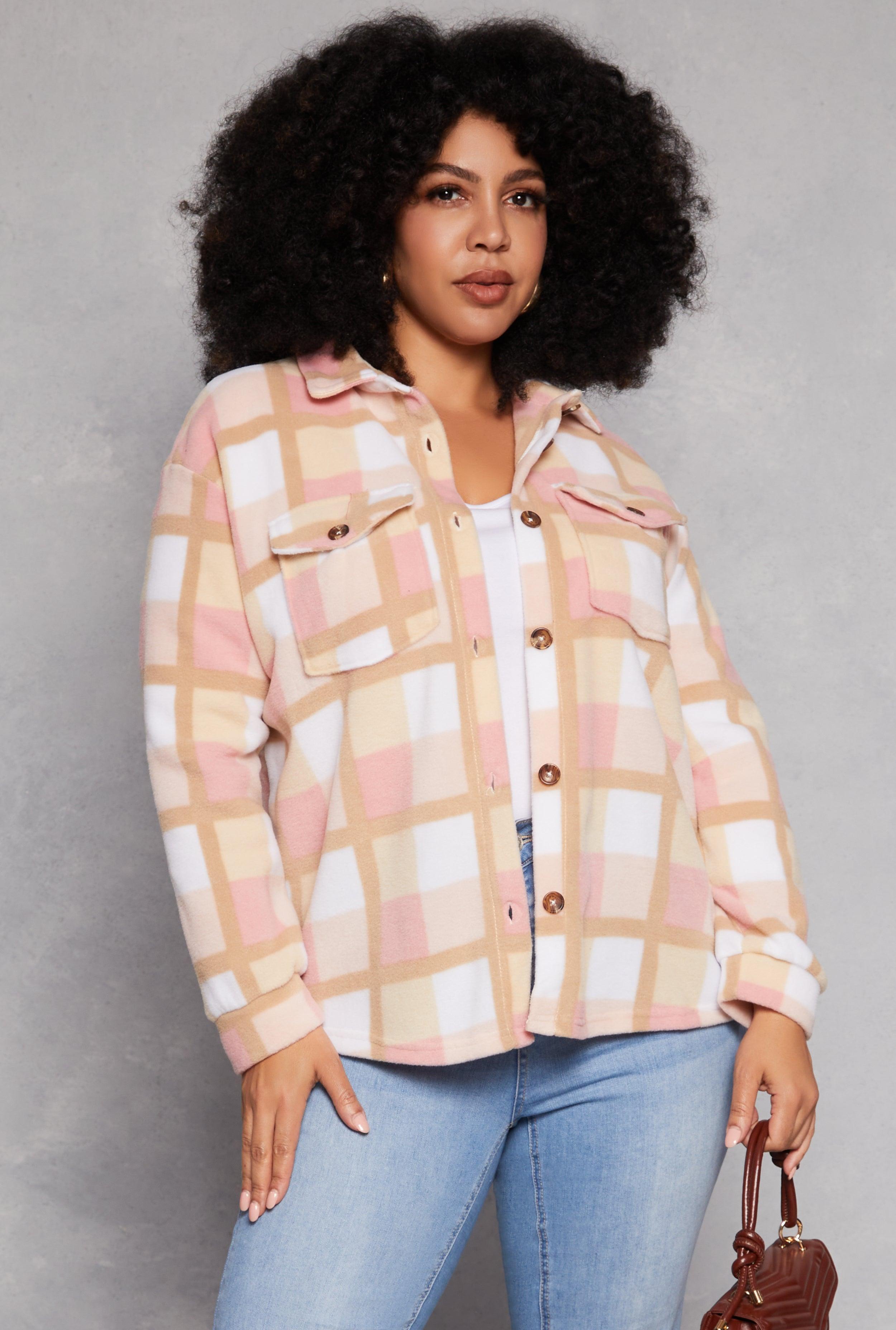 Womens Plus Size Plaid Fleece Button Front Shacket Product Image