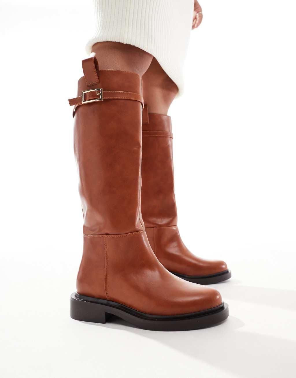 ASOS DESIGN Wide Fit Callie smart flat riding knee boots in tan Product Image