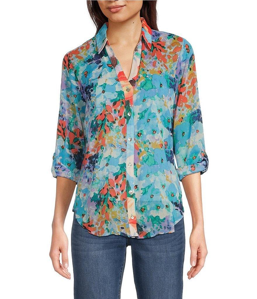 Figueroa & Flower Woven Floral Point Collar Long Roll-Tab Sleeve Button-Front Shirt Product Image