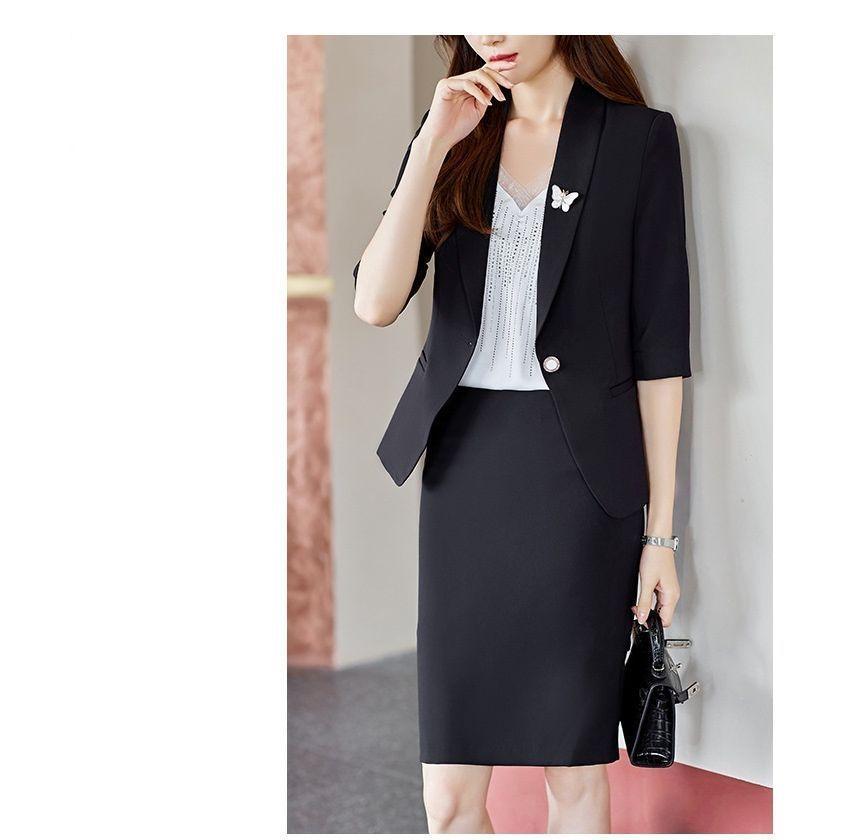 3/4-Sleeve Plain One-Buttoned Blazer / Mini Pencil Skirt Product Image