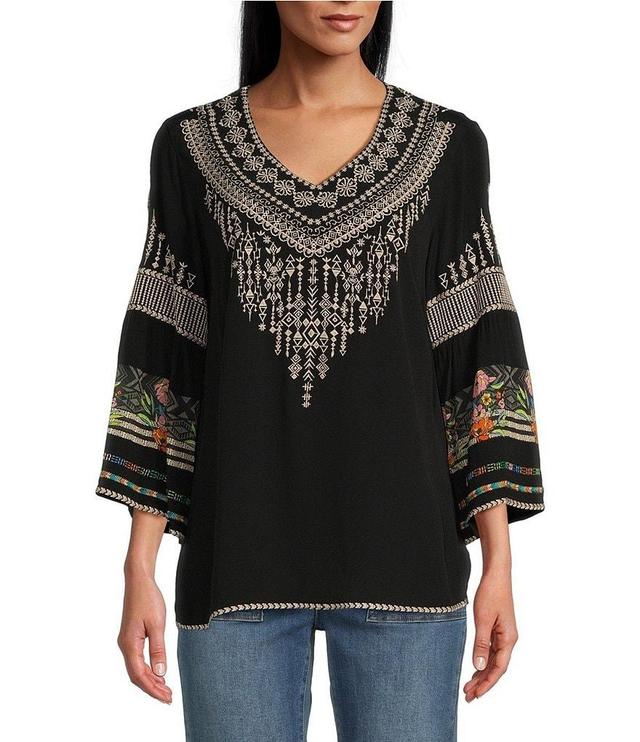 John Mark Woven Embroidered V-Neck 3/4 Sleeve Top Product Image