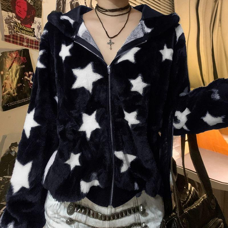 Star Pattern Zip-Up Hoodie Product Image