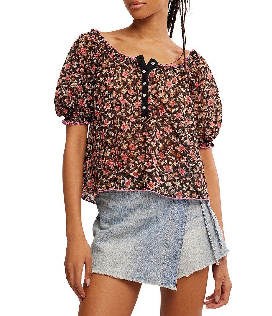 Free People Astra Peasant Floral Print Scoop Neck Short Puffed Sleeve Knit Top Product Image