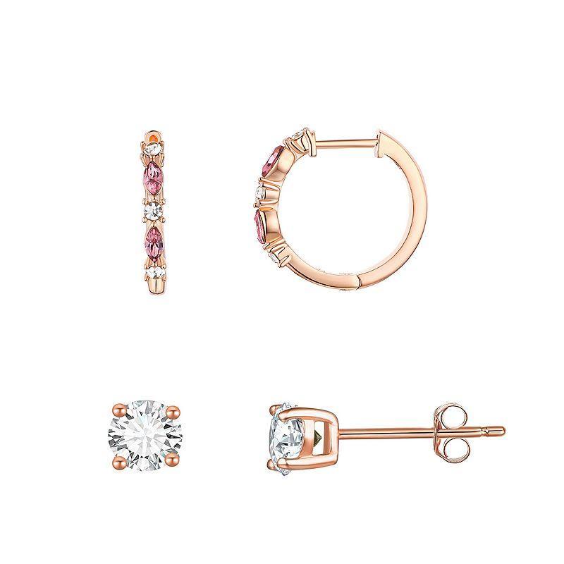 Chrystina Crystal 2 Pair Rose Gold Tone Stud & Hoop Earrings Set, Womens, Pink Product Image