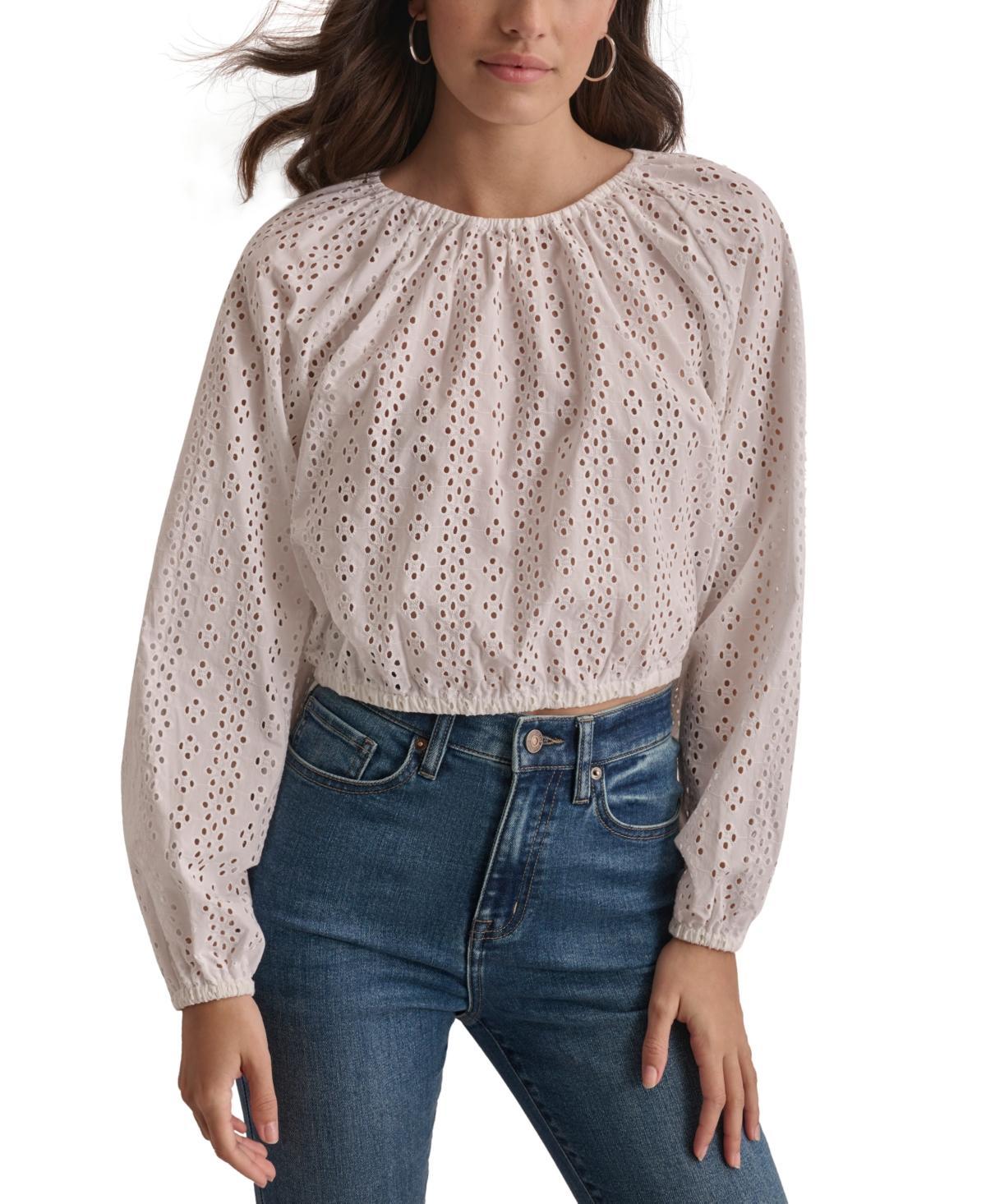 Dkny Jeans Womens Cotton Eyelet Cropped Blouse Product Image