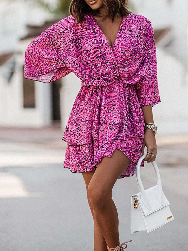 A-Line High Waisted Double Layered Elasticity Printed V-Neck Mini Dresses Product Image