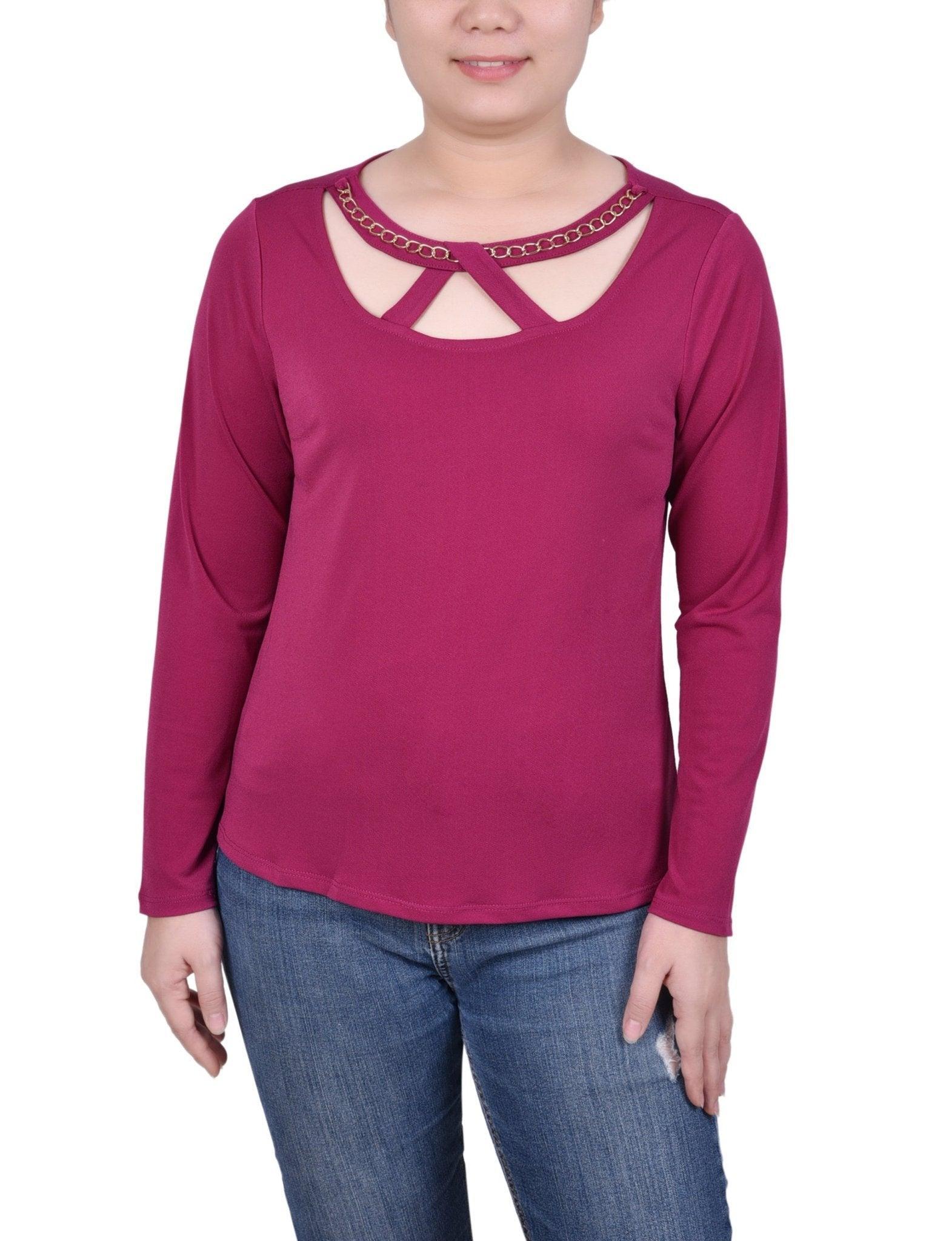 Long Sleeve Jeweled Neck Top - Petite Product Image