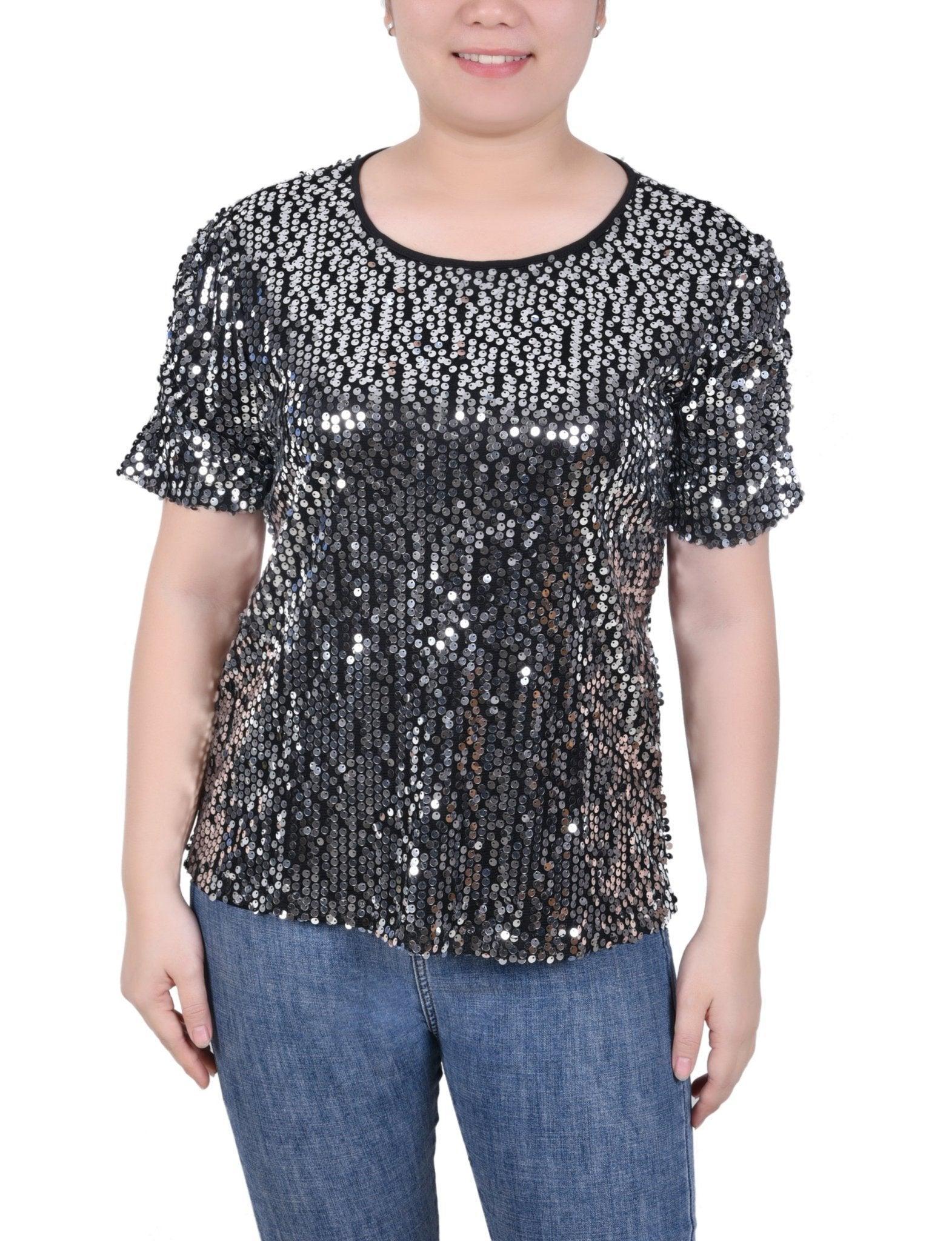 NY Collection Short Sleeve Sequined Top - Petite Product Image