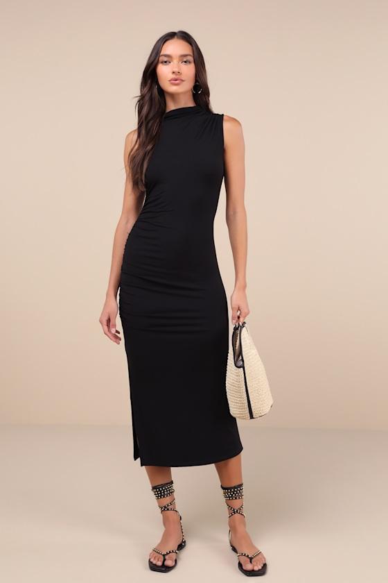 Elevated Presence Black Sleeveless Ruched Funnel Neck Midi Dress Product Image