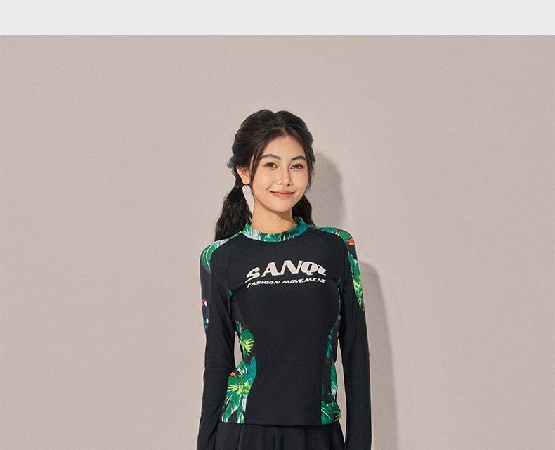 Set: Long-Sleeve Lettering Rash Guard + Plain Swim Skirt + Swim Pants Product Image