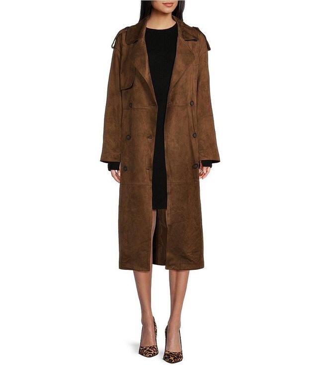 GB Button Front Tie Waist Faux Suede Trench Coat Product Image