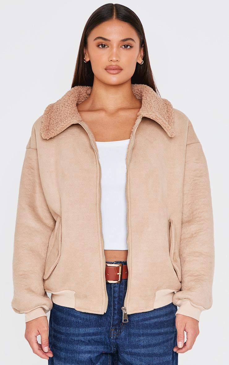 Beige Borg Faux Suede Bomber Jacket product image