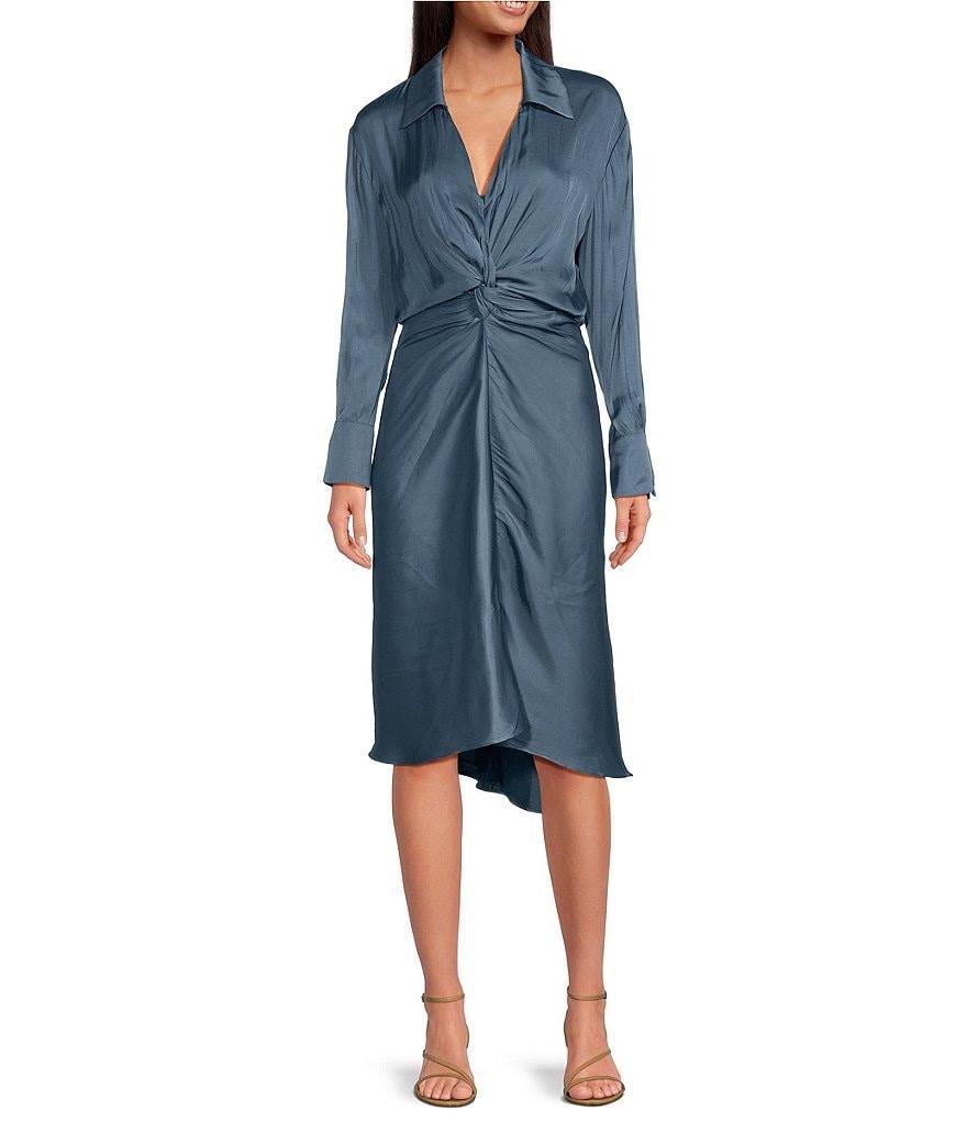 Lucy Paris Ruche Paige V Neck Long Sleeve Twist Front Midi Dress Product Image