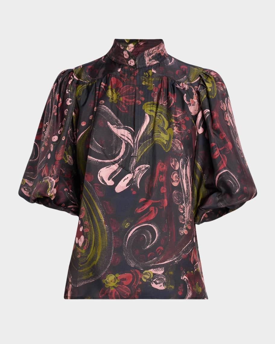 Dani Floral-Print Puff-Sleeve Silk Top Product Image