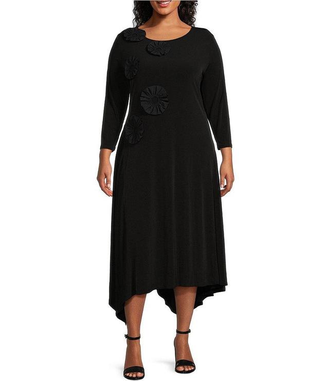 IC Collection Plus Size Knit Round Neck 3/4 Sleeve A-Line Asymmetrical Hem Midi Dress Product Image