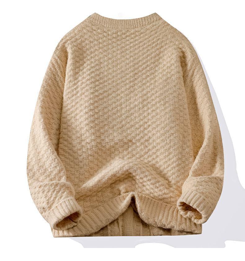 Crew Neck Plain Cable Knit Button-Up Cardigan Product Image