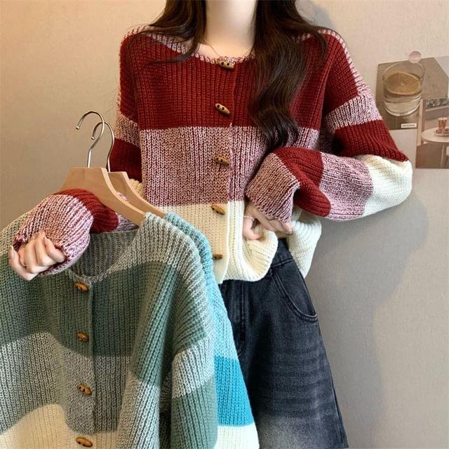 Round Neck Color Block Toggle Cardigan Product Image