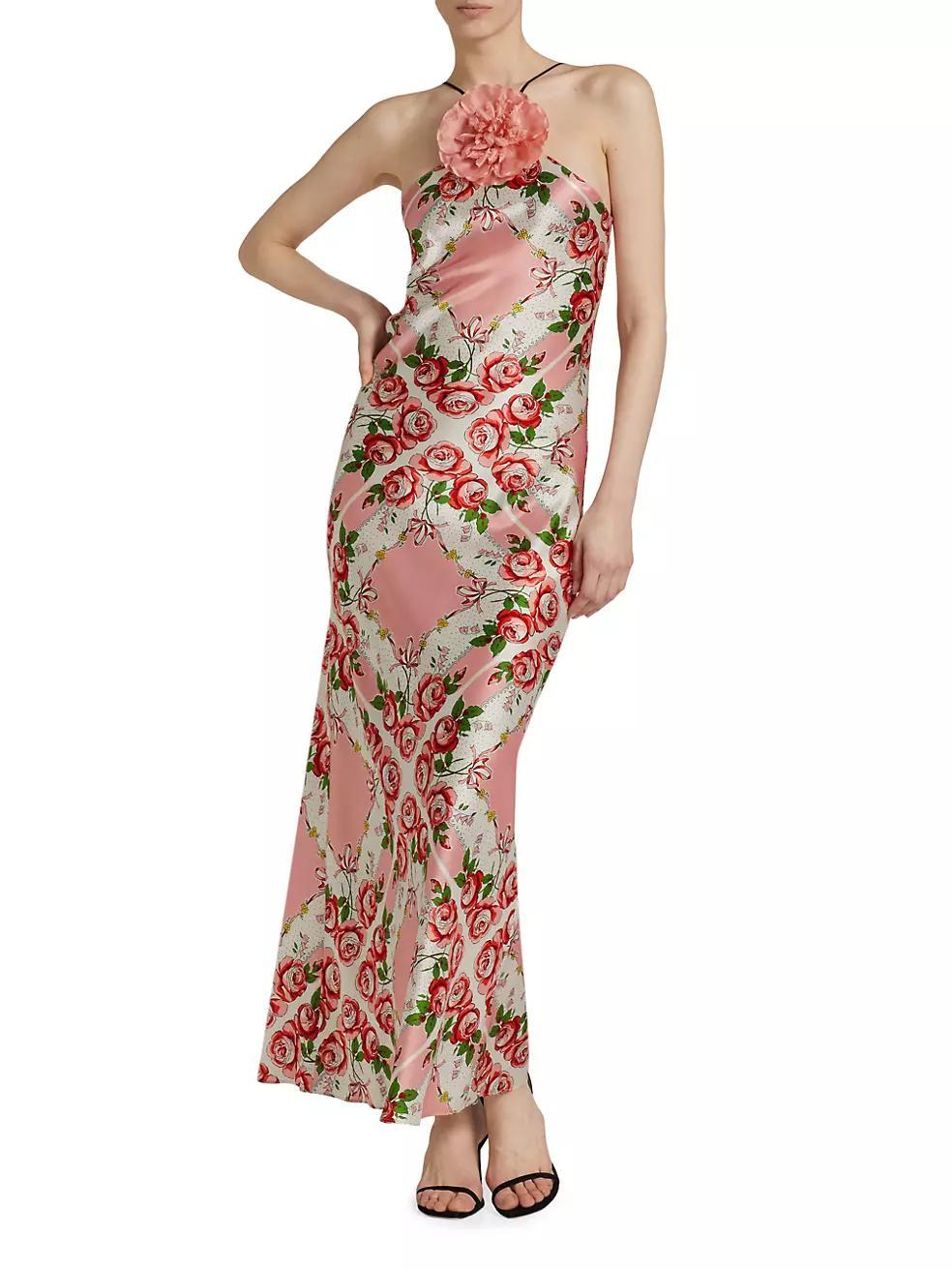 Floral Silk Bias-Cut Halter Gown Product Image