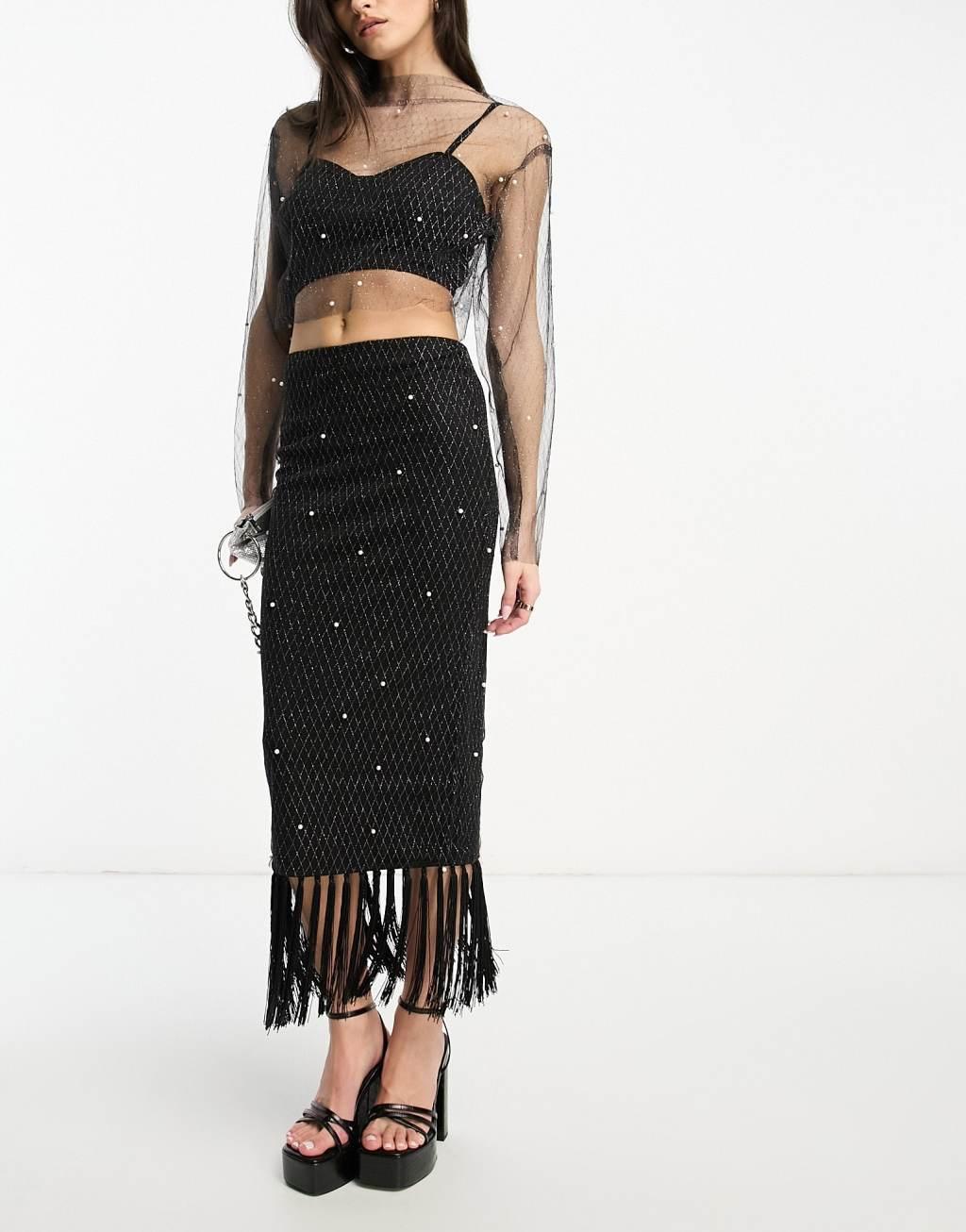 Extro & Vert Premium maxi skirt with pearl embellished layer & fringe in black - part of a set Product Image