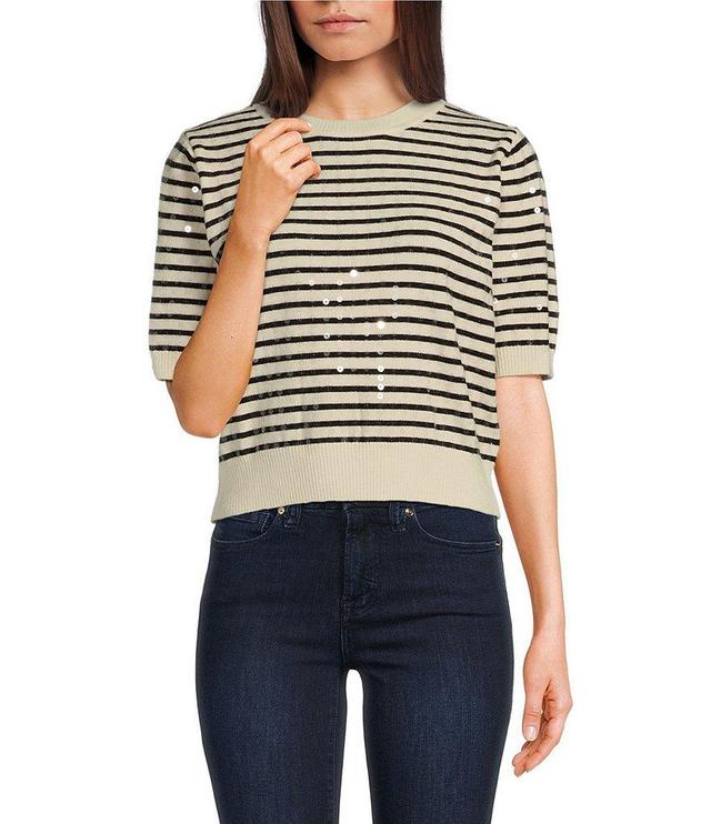 Lucy Paris Jaslyn Clear Sequin Stripe Print Crew Neck Short Sleeve Top Product Image