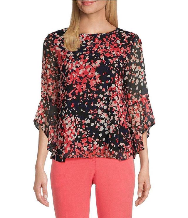 Kasper Woven Printed Crew Neck 3/4 Ruffle Sleeve Blouse Product Image