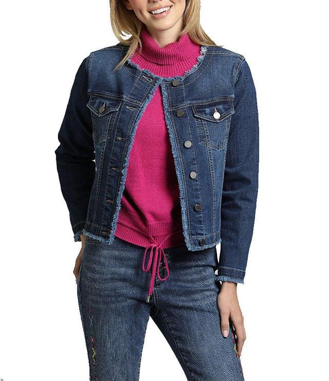 APNY Stretch Collarless Long Sleeve Denim Frayed Jacket Product Image