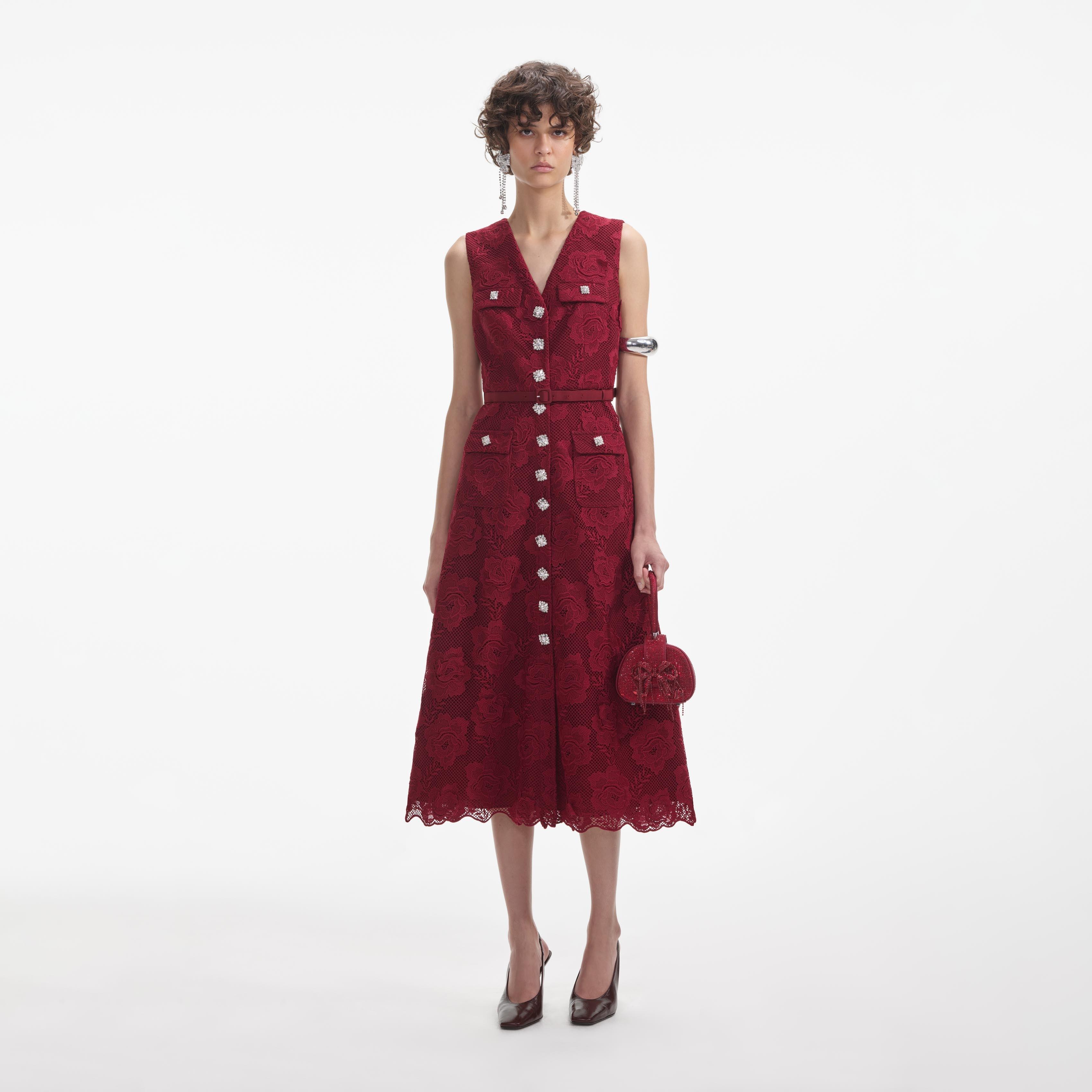 Burgundy Lace Buttoned Midi Dress product image