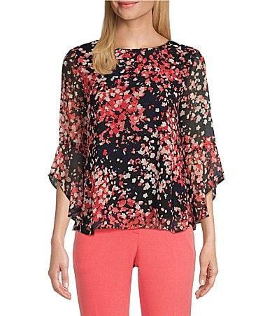 Kasper Woven Printed Crew Neck 34 Ruffle Sleeve Blouse Product Image