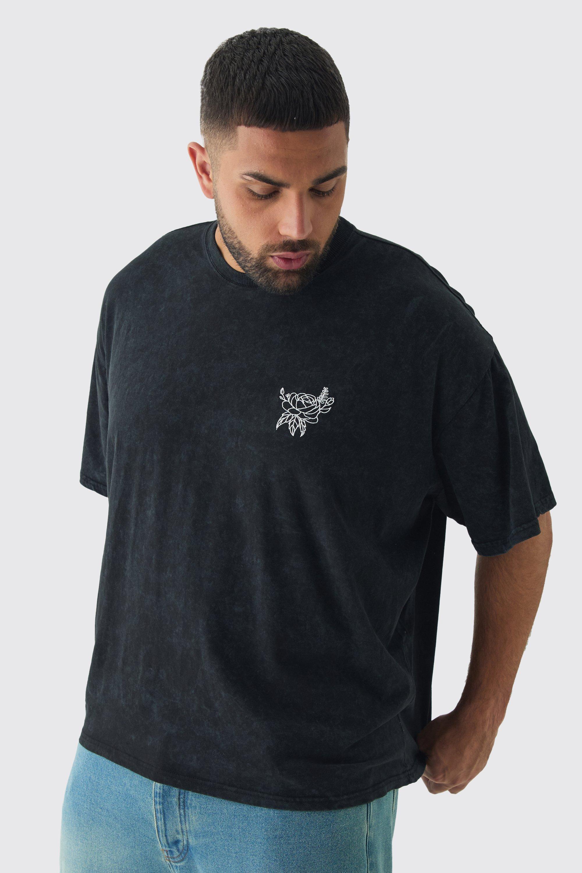 Plus Washed Floral Embroidered T-Shirt | boohooMAN USA Product Image