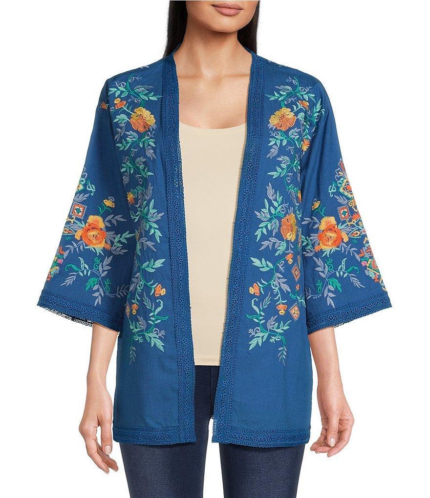 Calessa Embroidered Lace Trim Detail 3/4 Sleeve Open-Front Kimono Cardigan Product Image