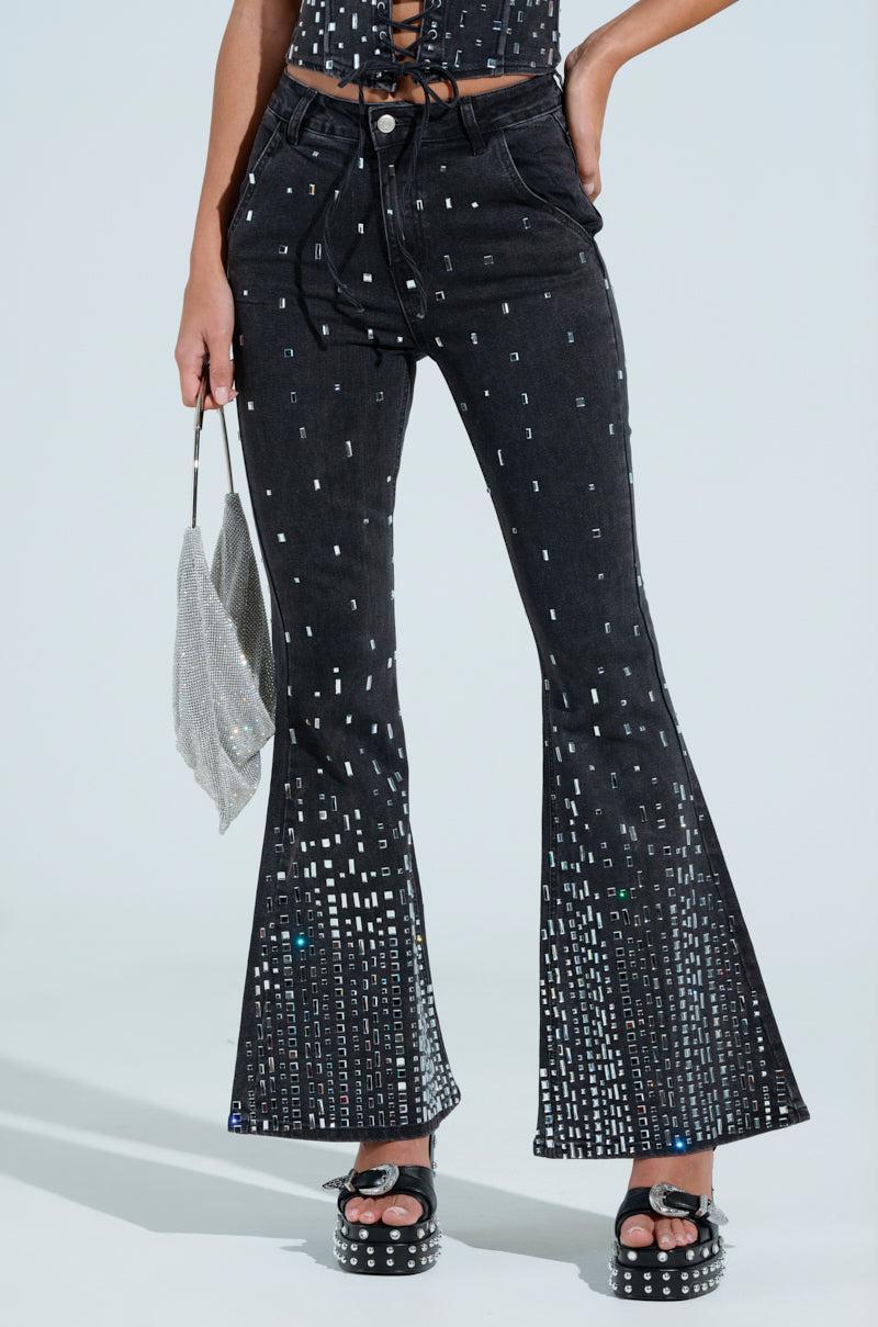 POPSTAR BLACK DENIM PANT WITH RHINESTONE Product Image