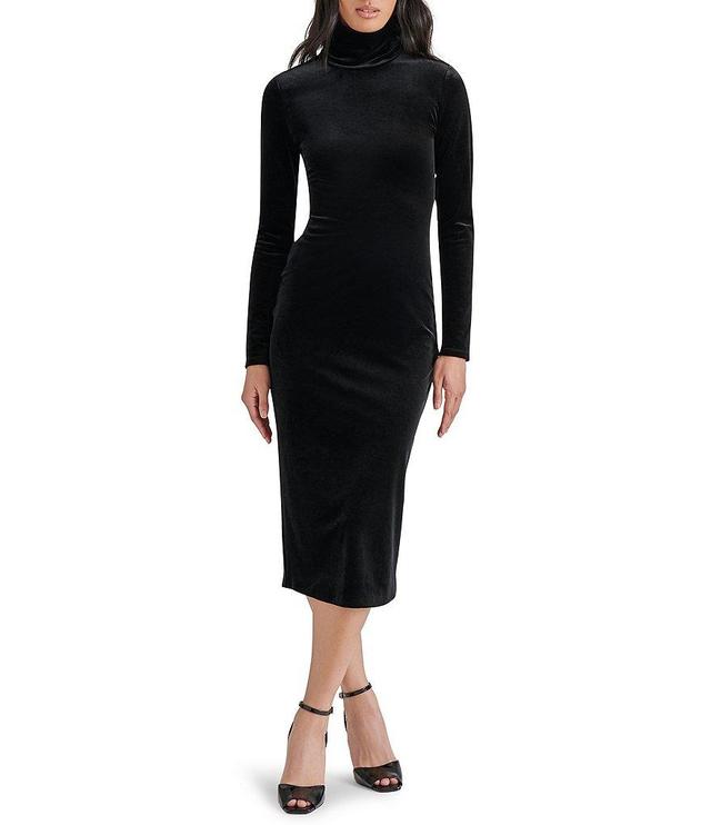 Steve Madden Skyler Velvet Turtleneck Long Sleeve Back Belt Buckle Detail Bodycon Midi Dress Product Image