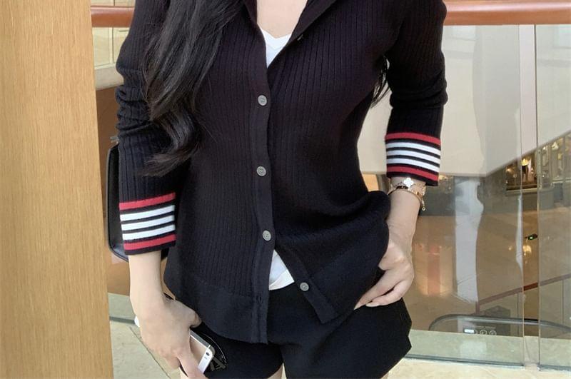 Stand Collar Striped Trim Button-Up Cardigan Product Image