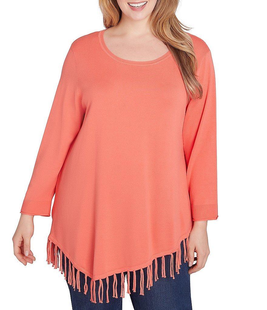 Ruby Rd. Plus Size Solid Scoop Neck Long Sleeve Fringed Asymmetric Hem Sweater Product Image