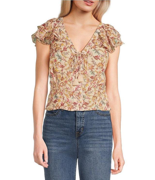 Jessica Simpson Dixie Large Floral Print Short Sleeve Cropped Blouse Product Image