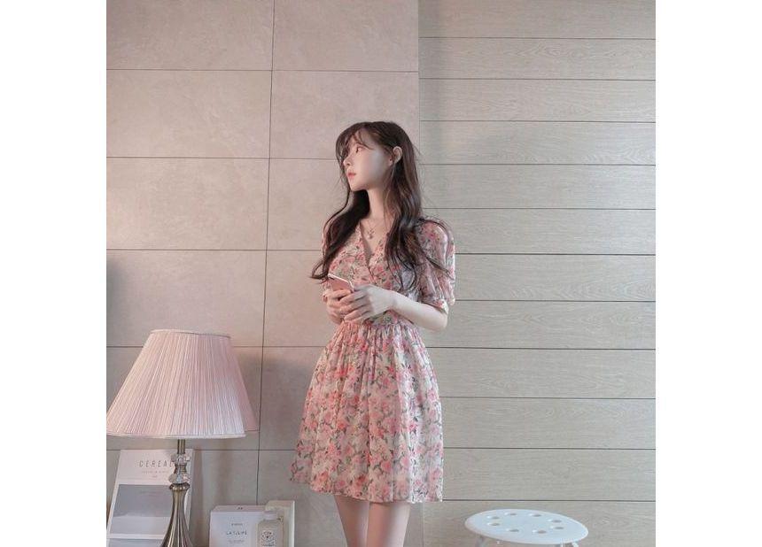 Floral Short-Sleeve V-Neck Mini A-Line Dress Product Image