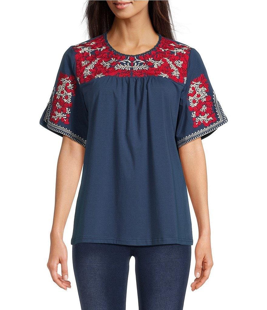 Calessa Petite Size Embroidered Crew Neck Short Sleeve Top Product Image