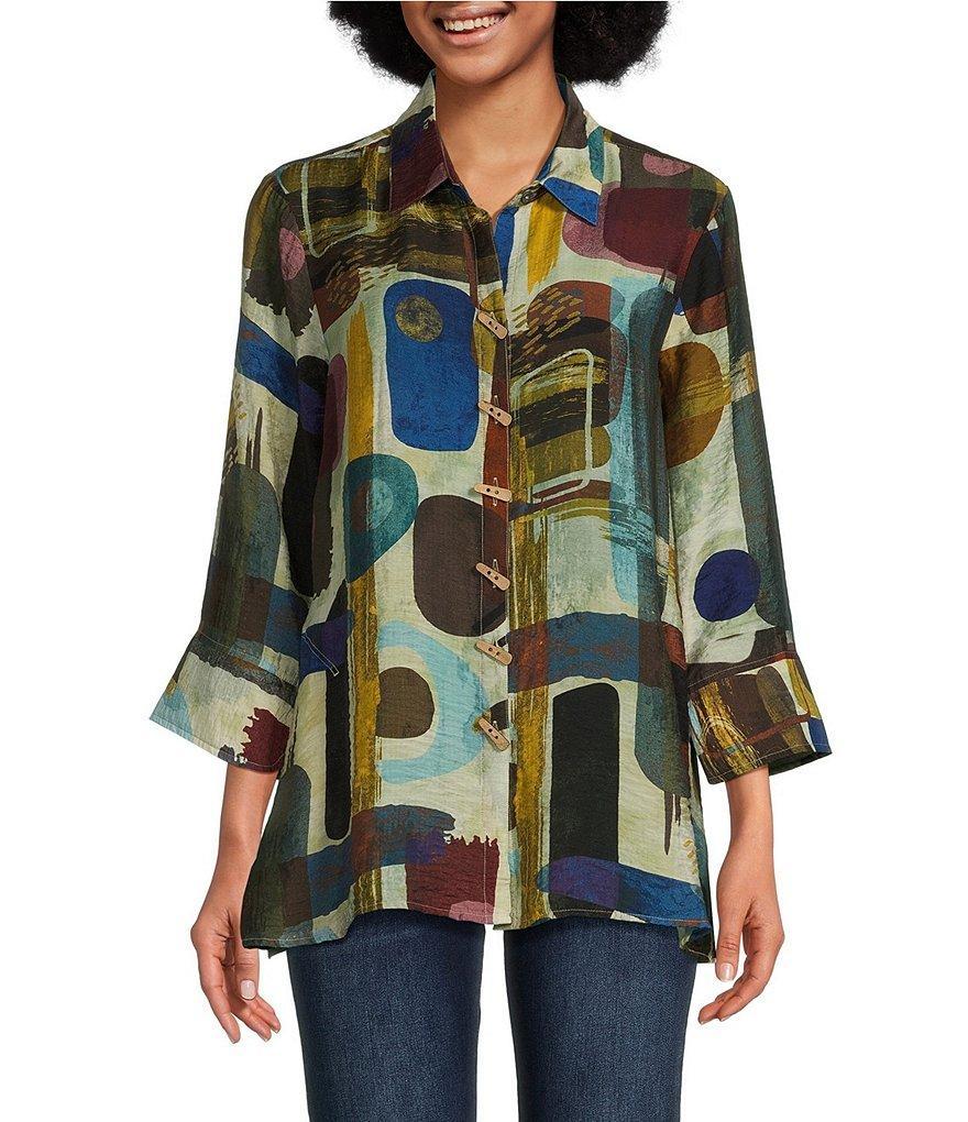 Ali Miles Printed Collared 3/4 Sleeve Button Down Top Product Image